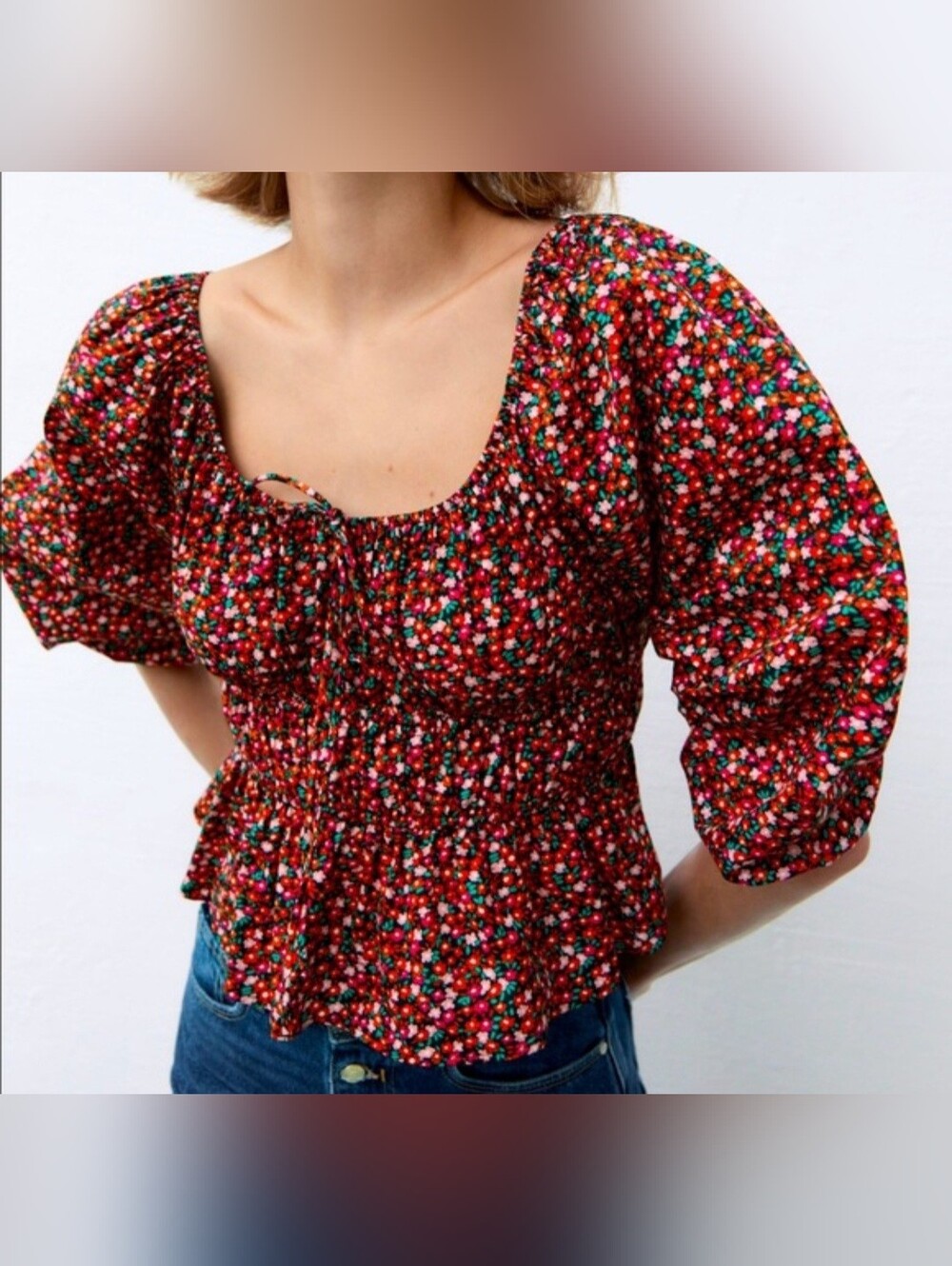Nwt Zara Red Floral Balloon Sleeves Peasant Top Size Xs